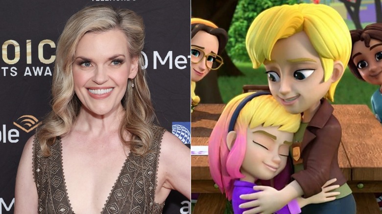 Kari Wahlgren poses at the Annual Society of Voice Arts and Sciences Awards Gala in 2023; Helen Stacy embraces Gwen Stacy