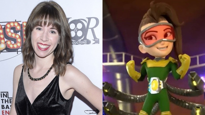 Kelly Ohanian smiles at a screening of "DIVOS" in Hollywood in 2019; Doc Ock raises her arms and appendages