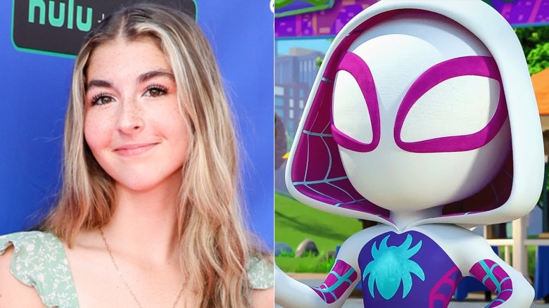 Lily Sanfelippo smiles at a Disney Jr. "Spidey" event in 2022; Ghost Spider reacts