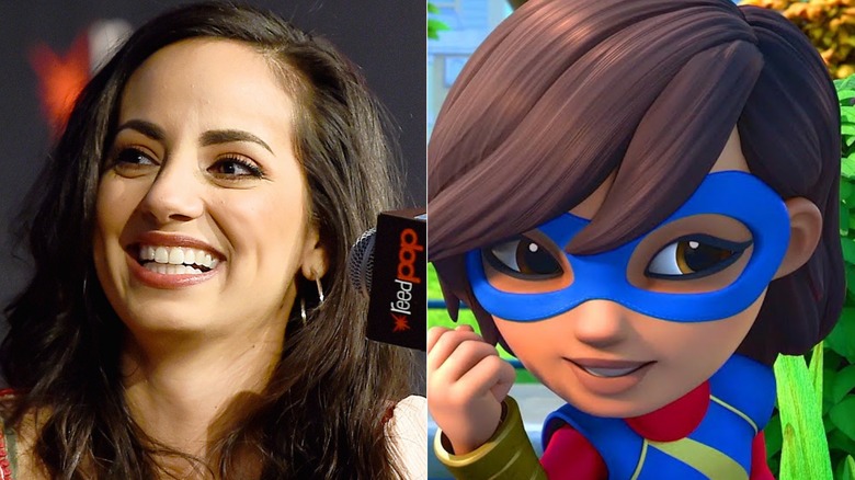 Sandra Saad turns her head and smiles at a Marvel game panel at New York Comic-Con in 2019; Ms. Marvel raises a fist