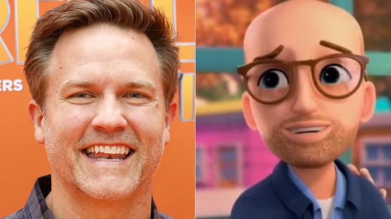 Scott Porter smiles at the "Garfield" premiere in 2024; George Stacy smiles