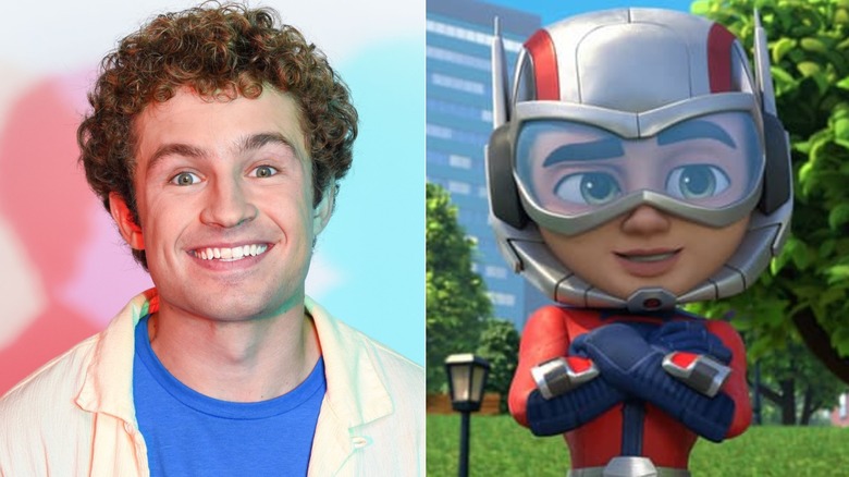 Sean Giambrone smiles at Comic-Con in 2024; Ant-Man crosses his arms in a park setting