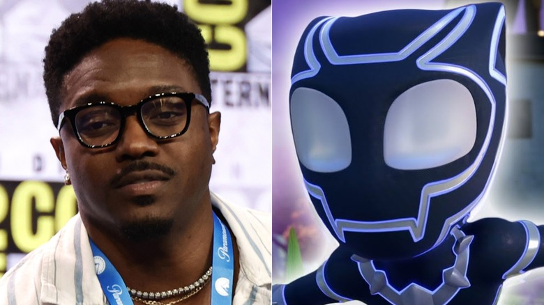 Tru Valentino reacts at a Groundlings panel at Comic-Con 2024; Black Panther poses