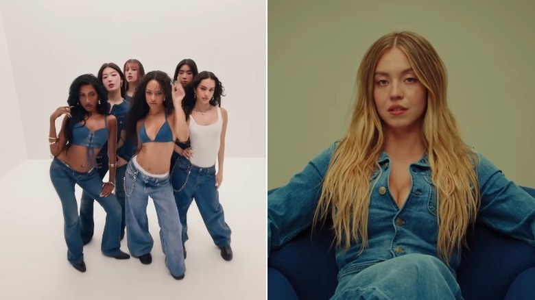 The Katseye girls dancing in front of a white background, and Sydney Sweeney sitting on a blue armchair