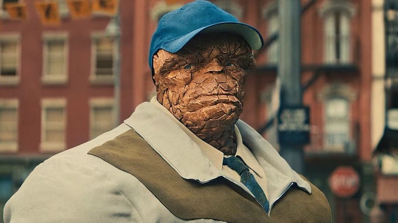 Ben Grimm wearing a baseball cap and looking forlorn in The Fantastic Four: First Steps (2025)