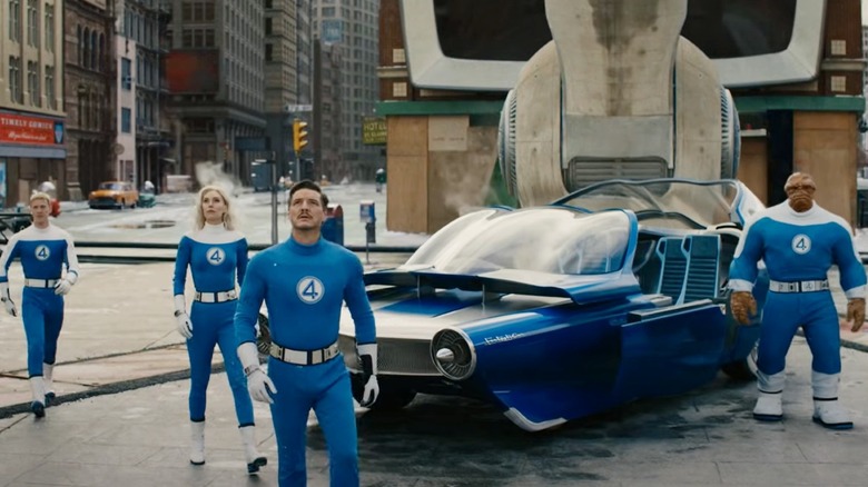The Fantastic Four looking up at Galactus in The Fantastic Four: First Steps (2025)