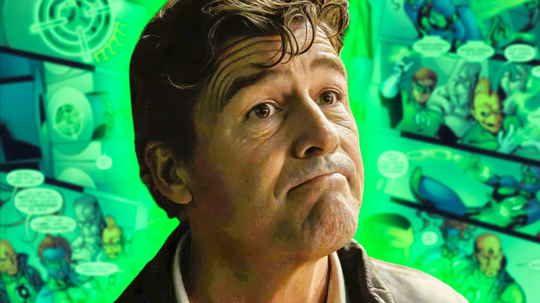 Hal Jordan looking intense in front of green comic background