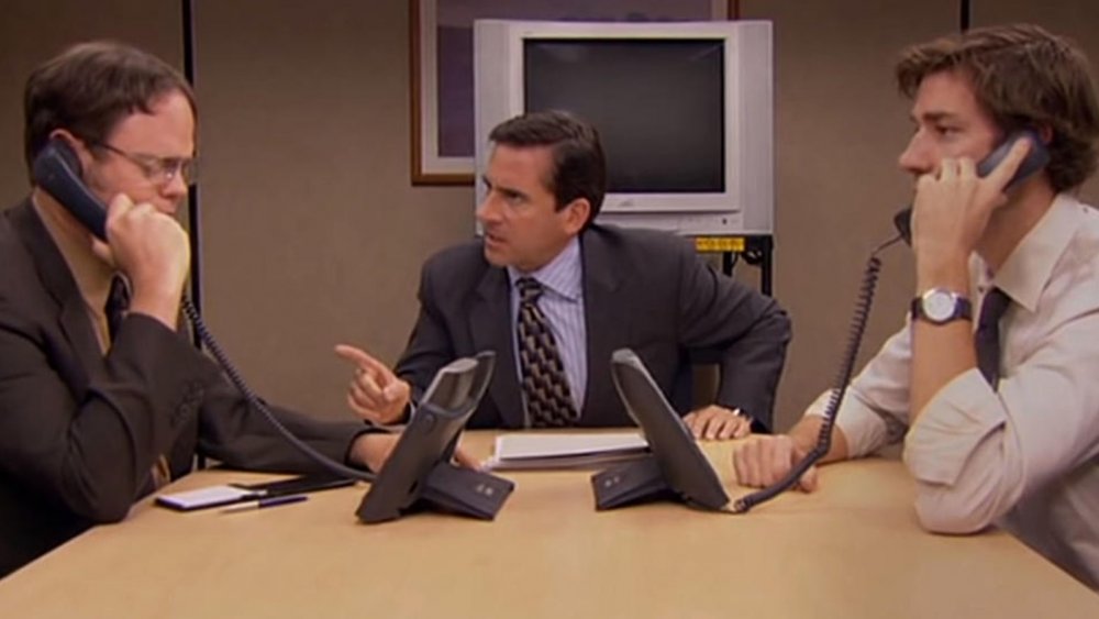 Rainn Wilson as Dwight Schrute, Steve Carell as Michael Scott and John Krasinski as Jim Halpert on The Office