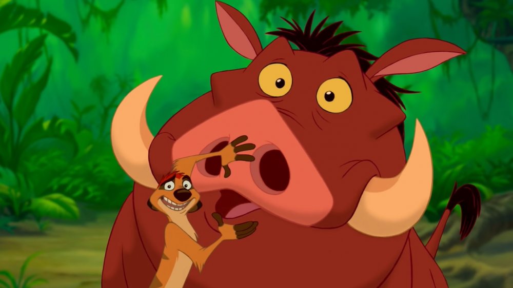 Pumbaa (voiced by Ernie Sabella) and Timon (voiced by Nathan Lane) in The Lion King