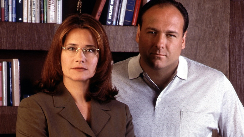 Dr. Melfi and Tony Soprano look at the camera