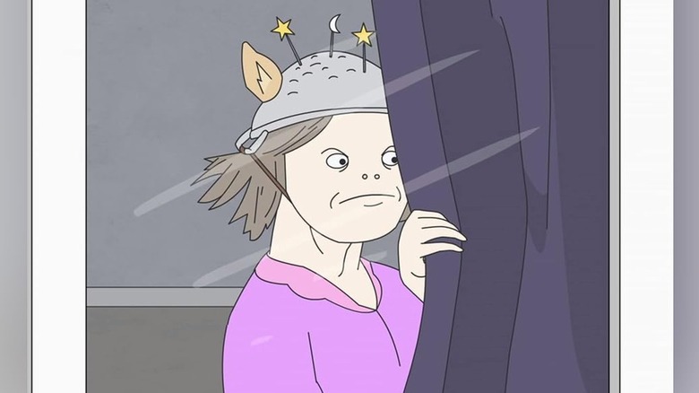 A pan-wearing cat lady behind a curtain from Brad Neely's Harg Nallin' Sclopio Peepio (2016)