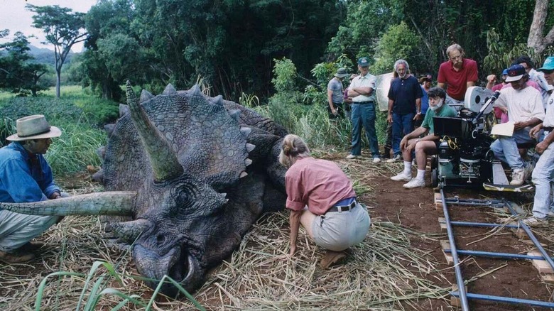 Cast and crew on the set of Jurassic Park