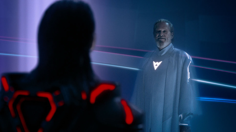 Kevin Flynn staring intently in The Grid in Tron: Ares