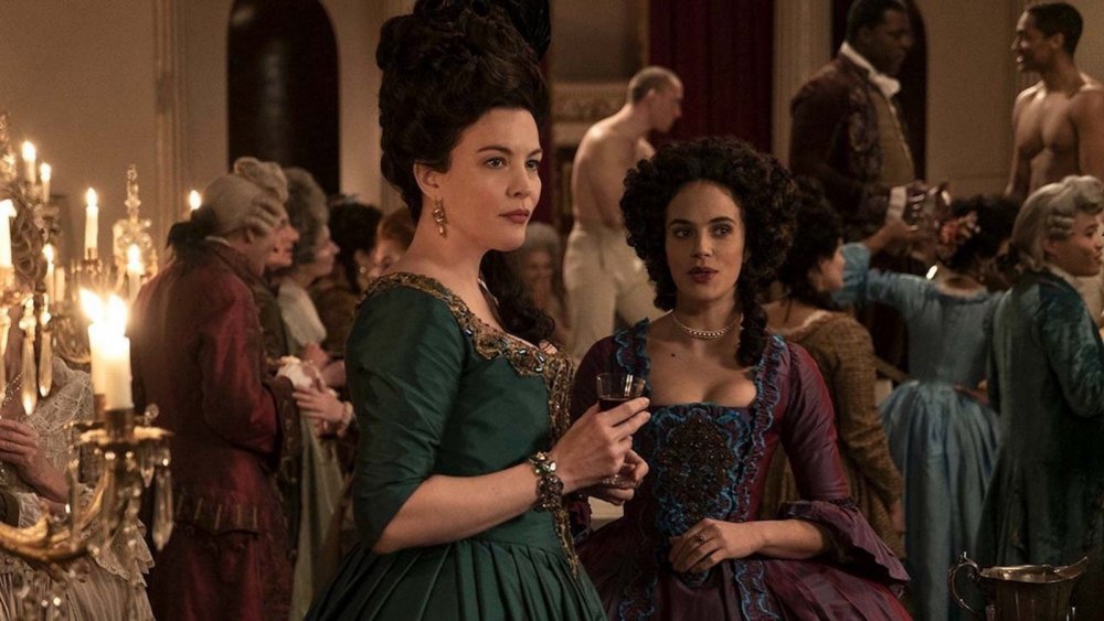 Liv Tyler as Lady Isabella Fitzwilliam and Jessica Brown-Findlay as Charlotte Wells on Hulu's Harlots