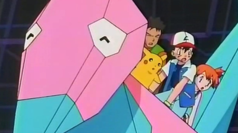 Ash, Brock, Pikachu, Misty riding Porygon 