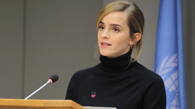 Emma Watson addressing the United Nations from a podium