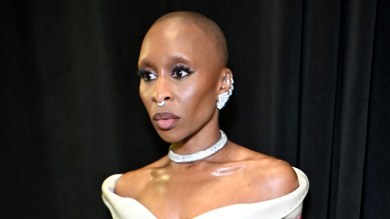 Cynthia Erivo in a red and white dress