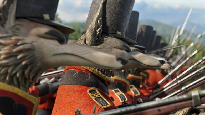 Coyote soldiers stand in a line with guns in "Wildwood" (2026)