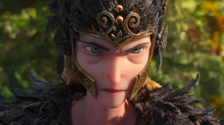 Close-up of Alexandra wearing feathered armor in 
