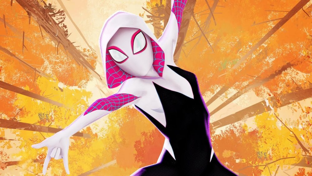 Spider-Gwen swings through the forest in Into the Spider-Verse