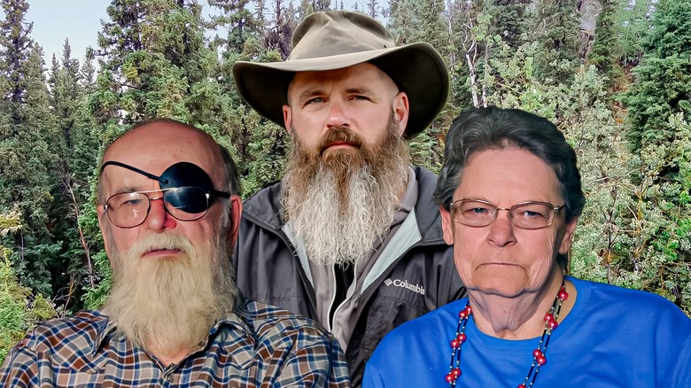 Composite image of Win the Wilderness cast in front of trees