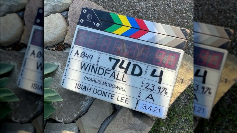 Clapperboard on the set of Windfall