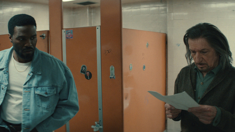 Trevor Slattery reading lines with Simon Williams in a bathroom in "Wonder Man"