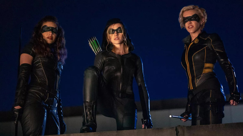 Laurel, Dinah, and Mia on a rooftop on Arrow