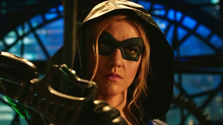 Mia Smoak wearing her Green Arrow costume in "Arrow"