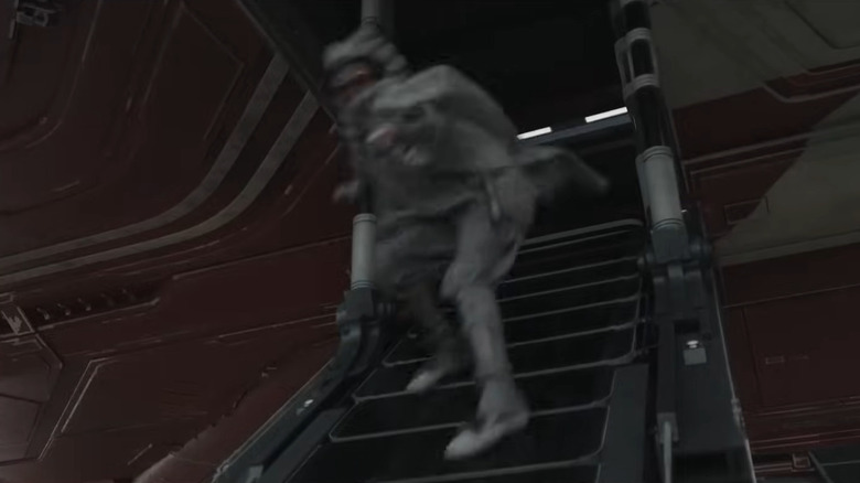 Ahsoka awkwardly sliding off a ship ramp in midair in season 1 of Ahsoka (2023)