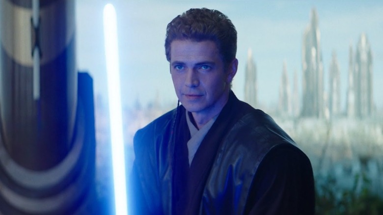 A poorly de-aged Anakin Skywalker in the glow of a blue lightsaber in Obi-Wan Kenobi (2022)