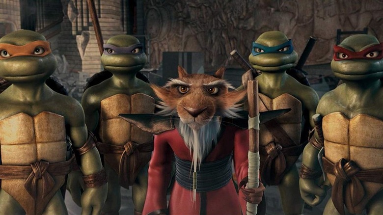 Rafael, Donatello, Leonardo, Michelangelo, and Splinter standing together in "TMNT"