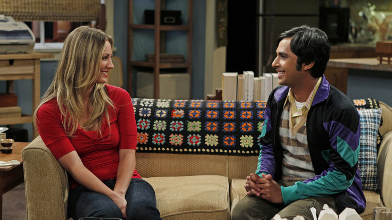 Penny and Raj talking on the couch on The Big Bang Theory