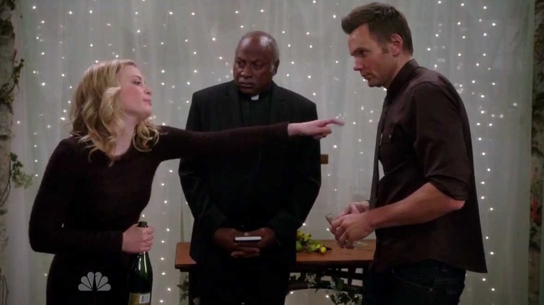 Britta and Jeff drunkenly exchange bitter vows in front of the minister at Shirley's wedding rehearsal on "Community" (2009-2015)