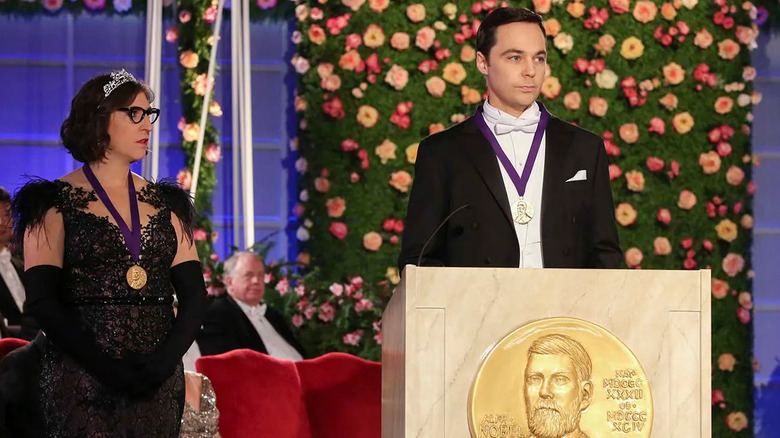 Amy and Sheldon accepting their Nobel on The Big Bang Theory