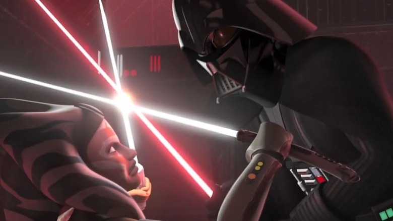 Darth Vader crossing lightsabers with Ahsoka Tano in "Star Wars Rebels"