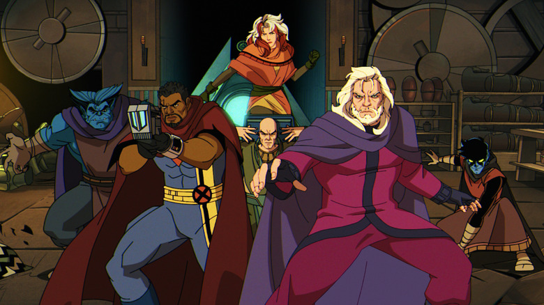 Beast, Bishop, Rogue, Professor Xavier, Magneto and Nightcrawler posing in X-Men '97