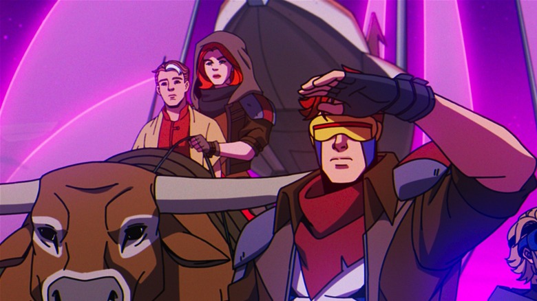 Cyclops and Jean Grey riding with Nathan Summers in 