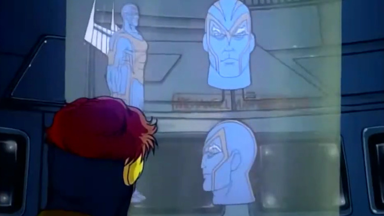 Cyclops looking at images of Archangel on X-Men: The Animated Series