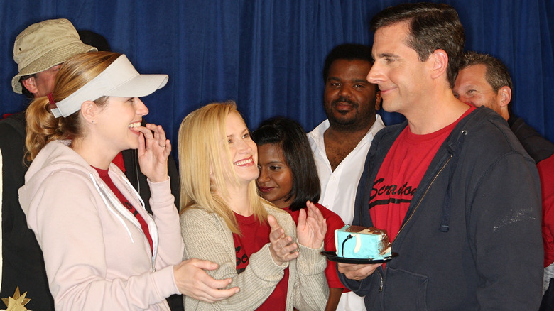 Jenna Fischer and Angela Kinsey laughing at Steve Carell at "The Office" 100th Episode Celebration