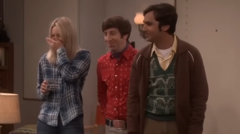 Kaley Cuoco, Simon Helberg, and Kunal Nayyar all breaking on the set of "The Big Bang Theory" (2007-2019)
