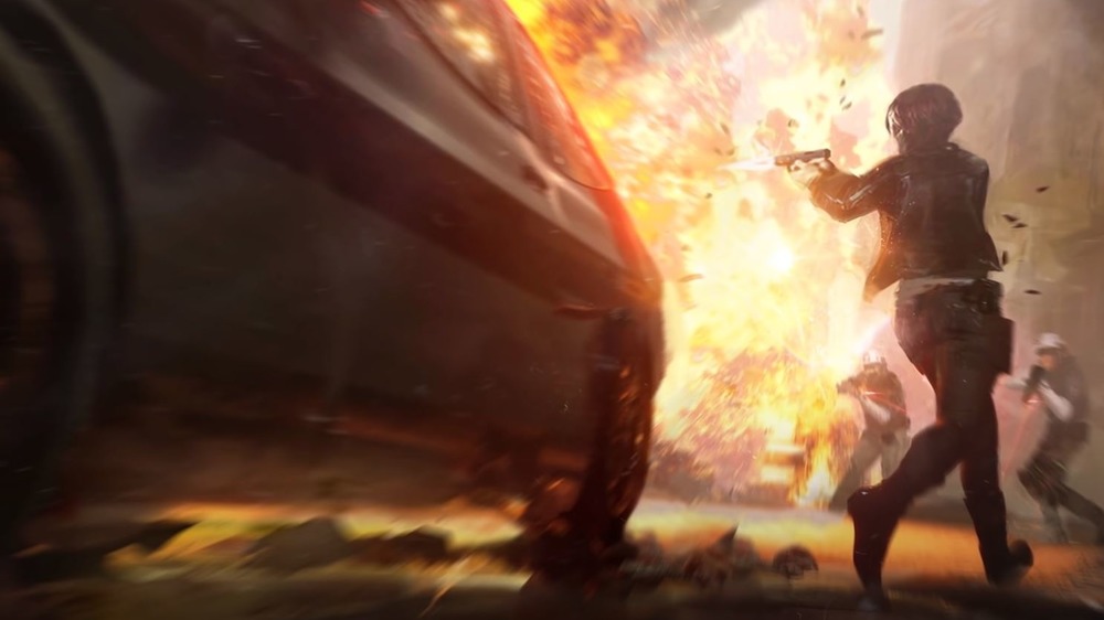 woman with gun facing explosion