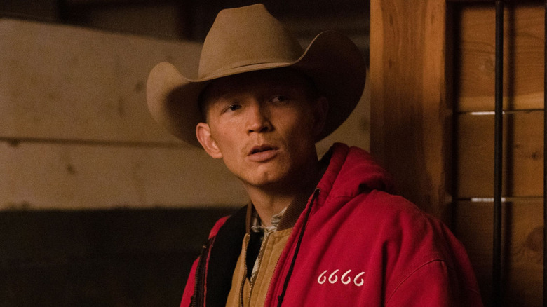 Jimmy looking confused in the stables in Yellowstone