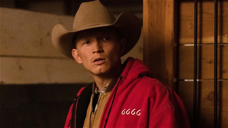 Jimmy looking confused in the stables in Yellowstone