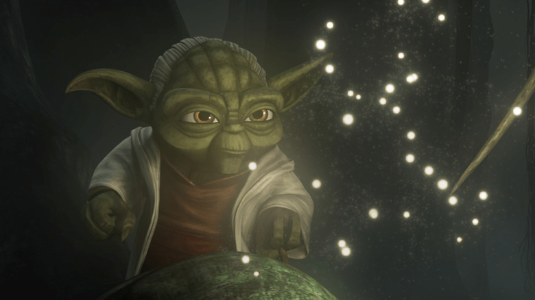 Yoda studying fireflies on Dagobah