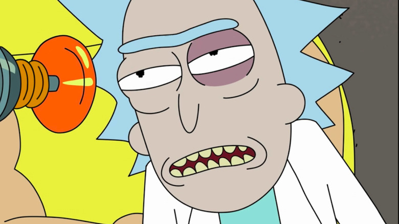 Morty interrogating Rick with a black eye