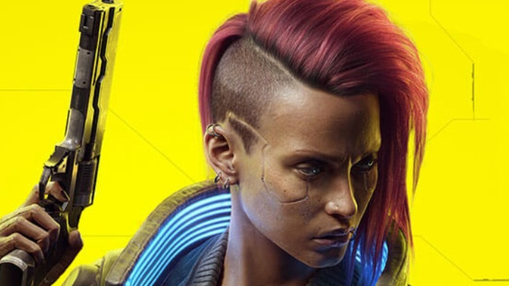 V from Cyberpunk 2077 holds her gun