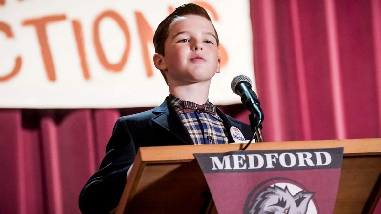 Sheldon gives a speech at a podium in "Young Sheldon"