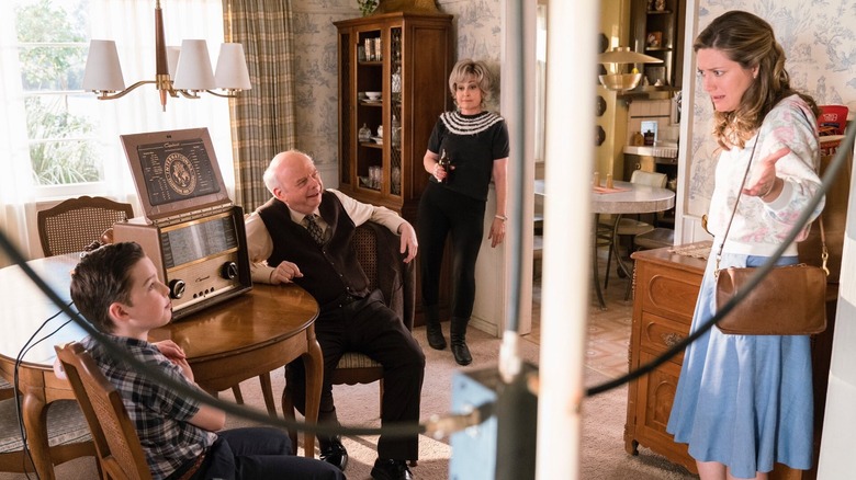 Sheldon, Dr. Sturgis, Meemaw, and Mary talking in "Young Sheldon"