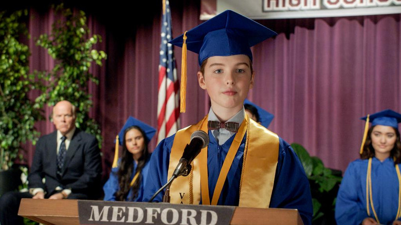 Sheldon speaking at the podium at his graduation ceremony in "Young Sheldon"